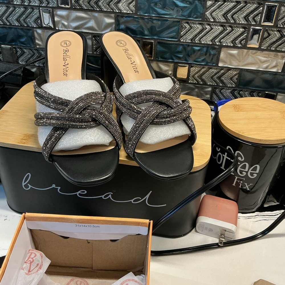 Bella Vita Black Beaded Knotted Slide Mules